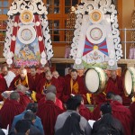 Monks of Namgyal Monastery and officials of the Central Tibetan Administration recite the invocation of Palden Lhamo, during Tsetor ceremony at Tsuglagkhang