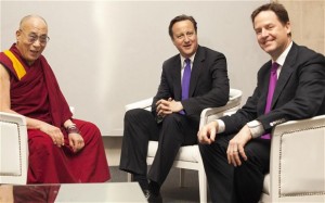 The Dalai Lama with British Prime Minister David Cameron and Deputy Prime Minister Nick Clegg Photo: Clifford Shirley