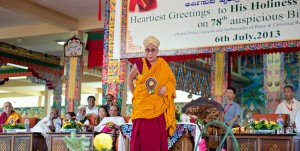 His Holiness the Dalai Lama addressing the public on his 78th birthday celebration in Karnataka, India Photo: tibet.net