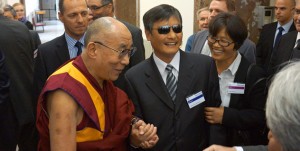 His Holiness the Dalai Lama with fellow panelist and human rights activist Chen Guangcheng   at Charles University in Prague Photo: tibet.net