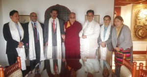 His Holiness the Dalai Lama with Mr Kiren Rijijuji (3rd from R), Mr K K Pathak (3rd from L)  and Dolma Gyari (1st on R)  Photo: Tibet.net